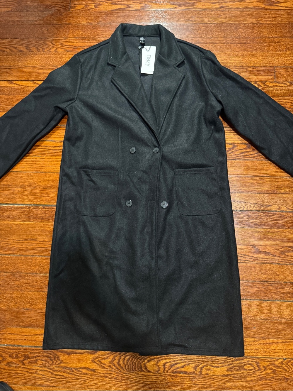 Dazy Women's Black Long Overcoat Button Closure Pockets Size L